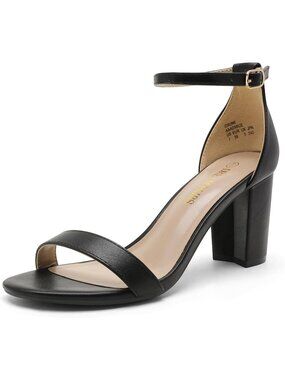 DREAM PAIRS Women's Black Pu Faux Leather Chunk Low Heel Pump Buckle Sandals